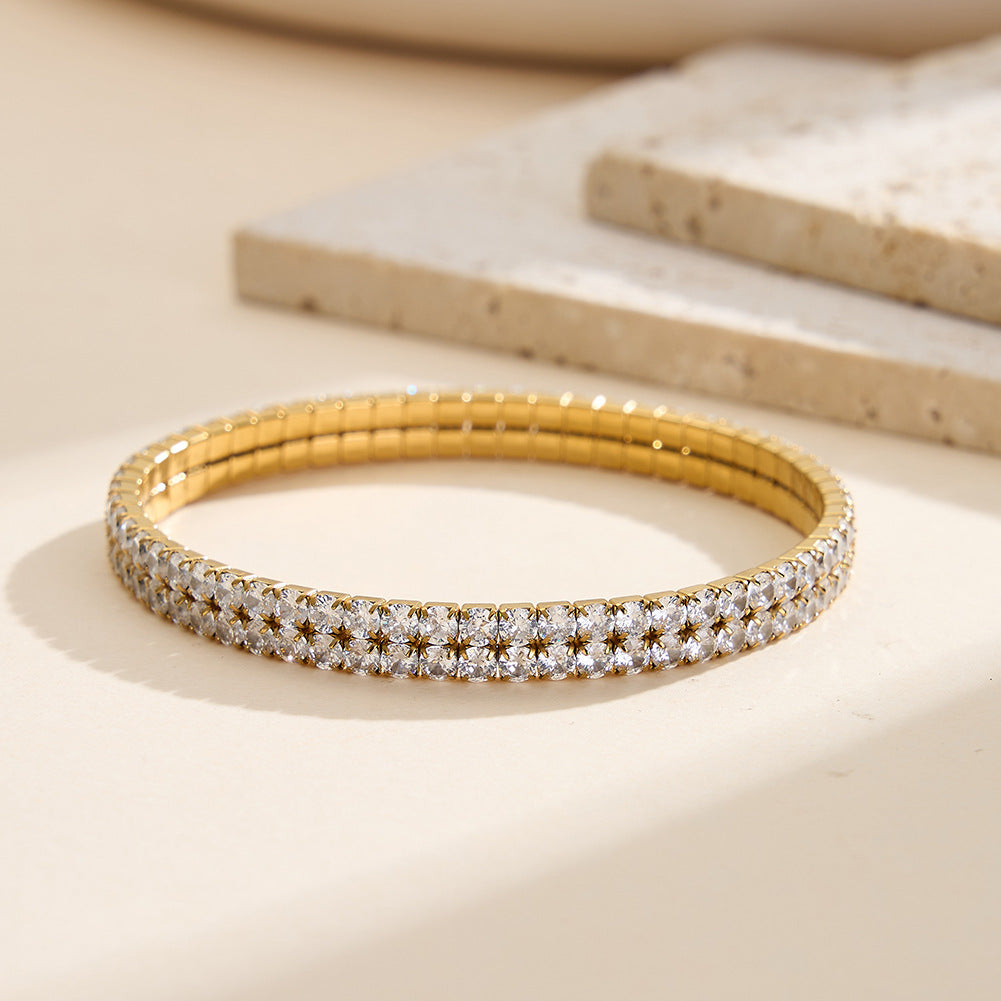 Silver Stainless Steel Stretch Tennis Bracelet, Multi Row Round CZ Stones Elastic Stackable Bangle