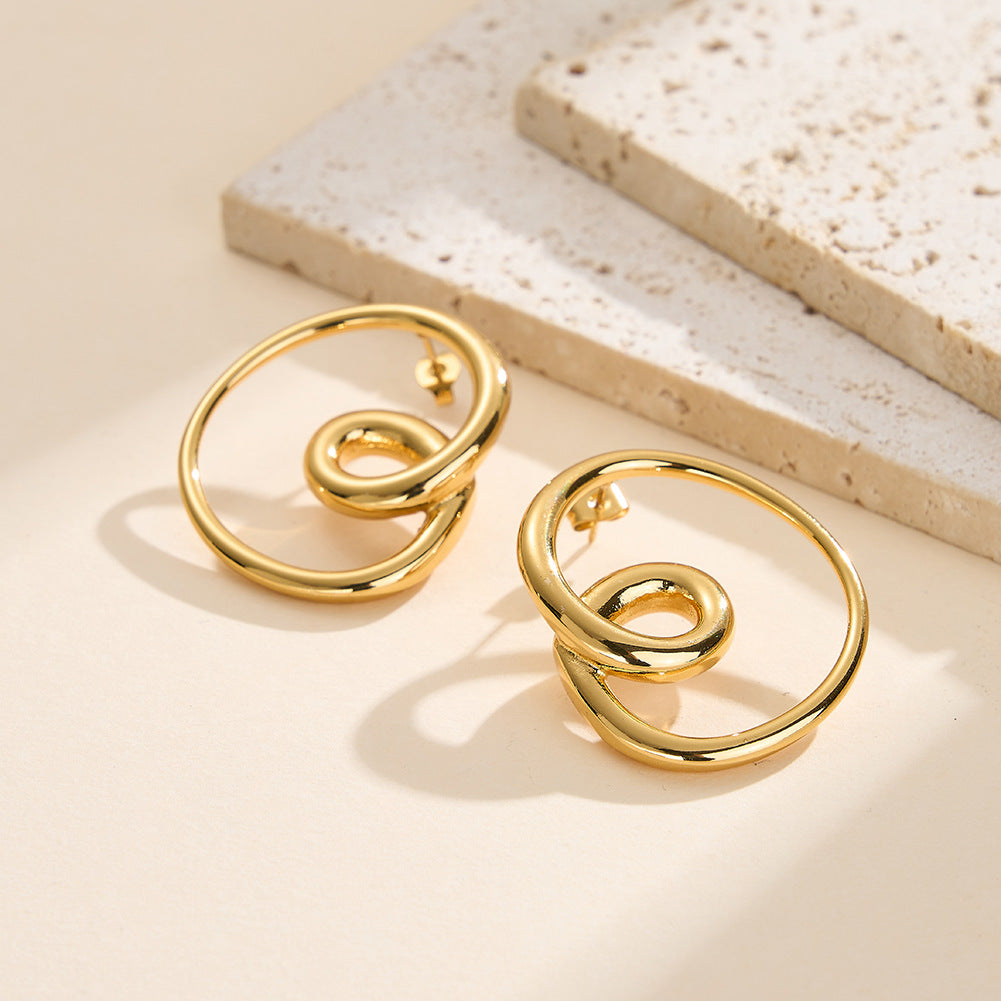 Gold Plated Stainless Steel Interlocked Double Oval Swirl Stud Earrings