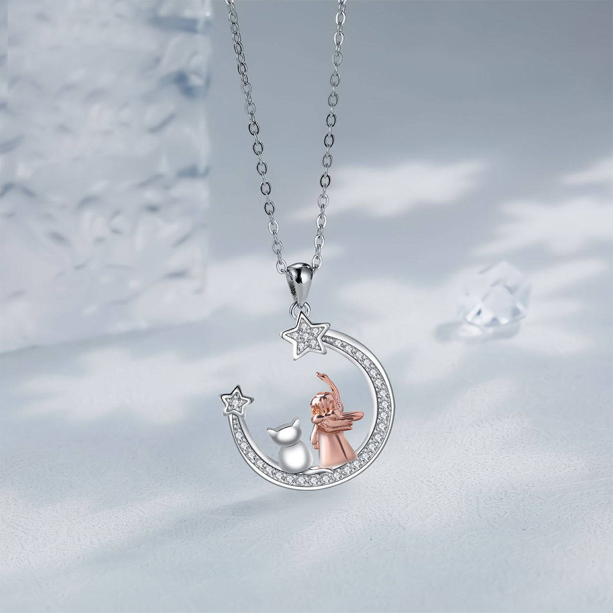 Copper With Silver/Rosegold Plated Cat and Girl Stars Pendant Necklace