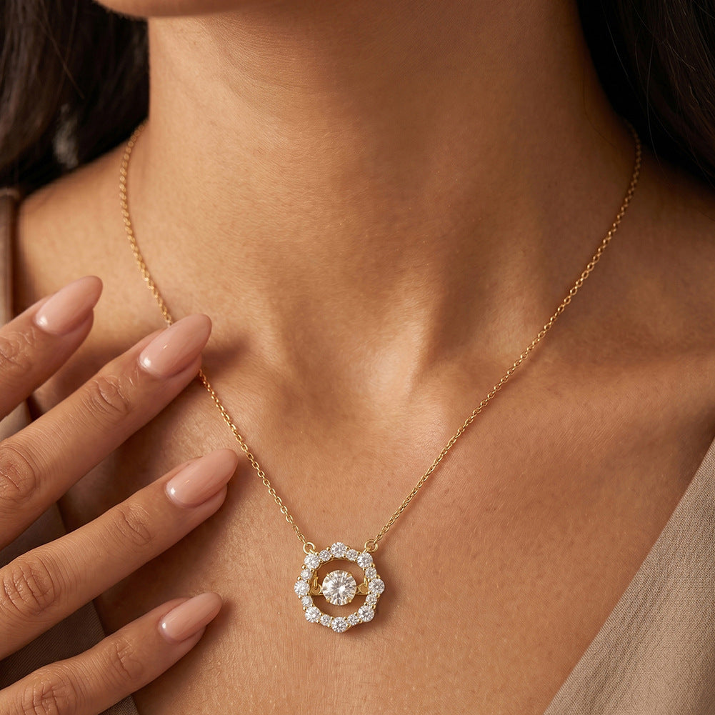 Gold Stainless Steel Moving Halo Circle Necklace, Floating Round CZ Center Stone with Surrounding Paved Cubic Zirconia