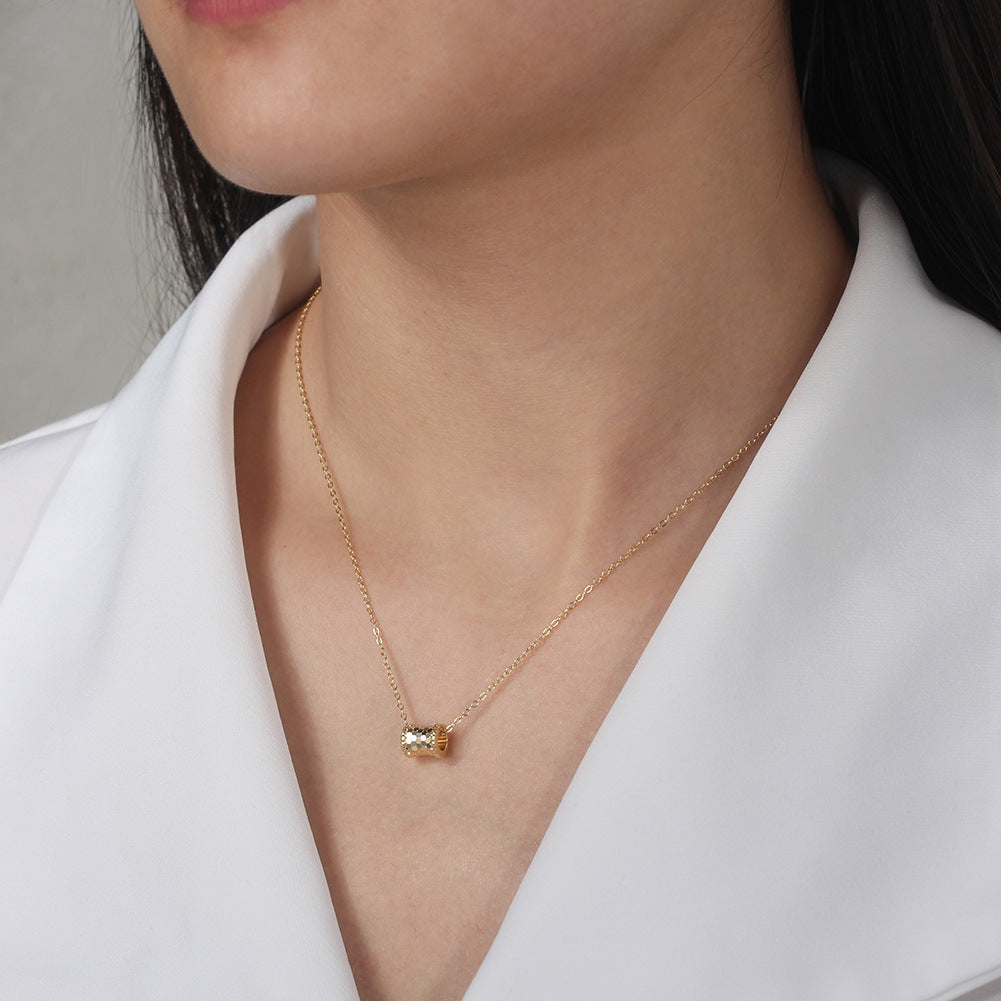 Silver Stainless Steel Honeycomb Textured Barrel Pendant Necklace, Large Hexagon Pattern Cylinder Bead Oval Link Chain
