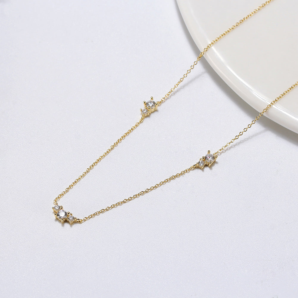 Gold Stainless Steel CZ Station Necklace, Round Clear Cubic Zirconia Three Stone Side & Center Sparkling Choker Necklace