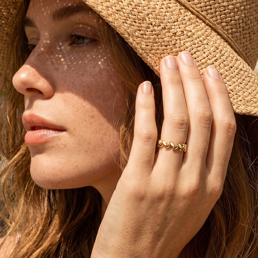 Gold Plated Stainless Steel Link Ring, Interlocking Cutout Links with Inlaid Mother of Pearl