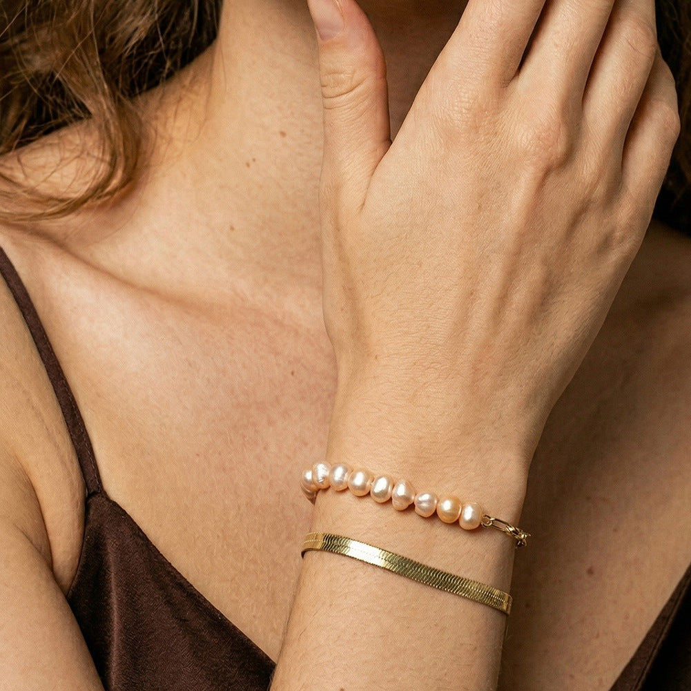 S925 Gold Plated Half Baroque Pearl Half Paperclip Chain Bracelet, Cream Natural Baroque Freshwater Pearls, Adjustable Extension Chain
