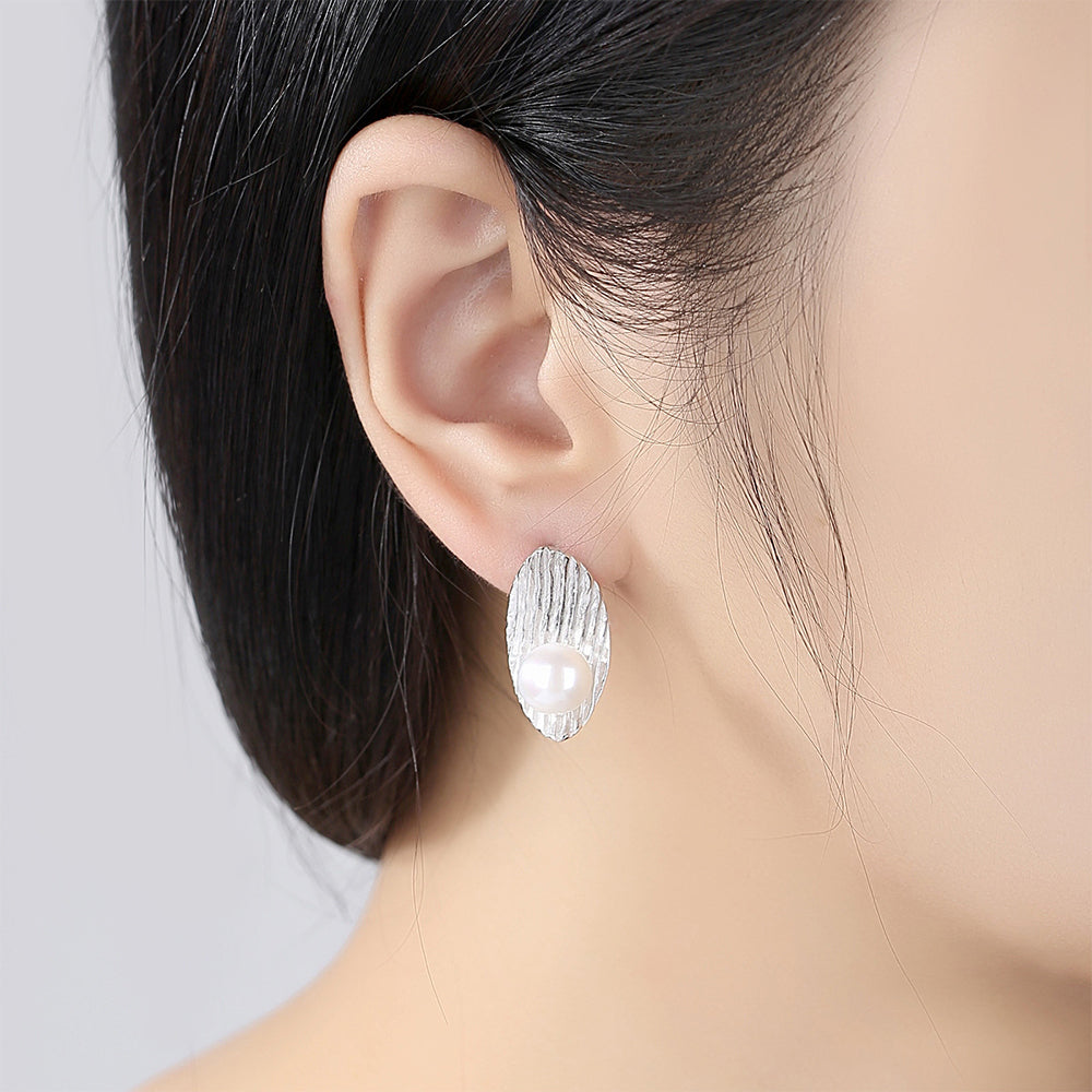 925 Sterling Silver Natural Pearl Big Stud Earrings Fashion Jewelry Gift for Women Girls