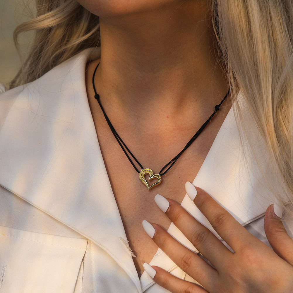 Gold Stainless Steel Hollow Heart Cord Necklace, Grooved Layered Outline Heart Pendant Black Rope Chain