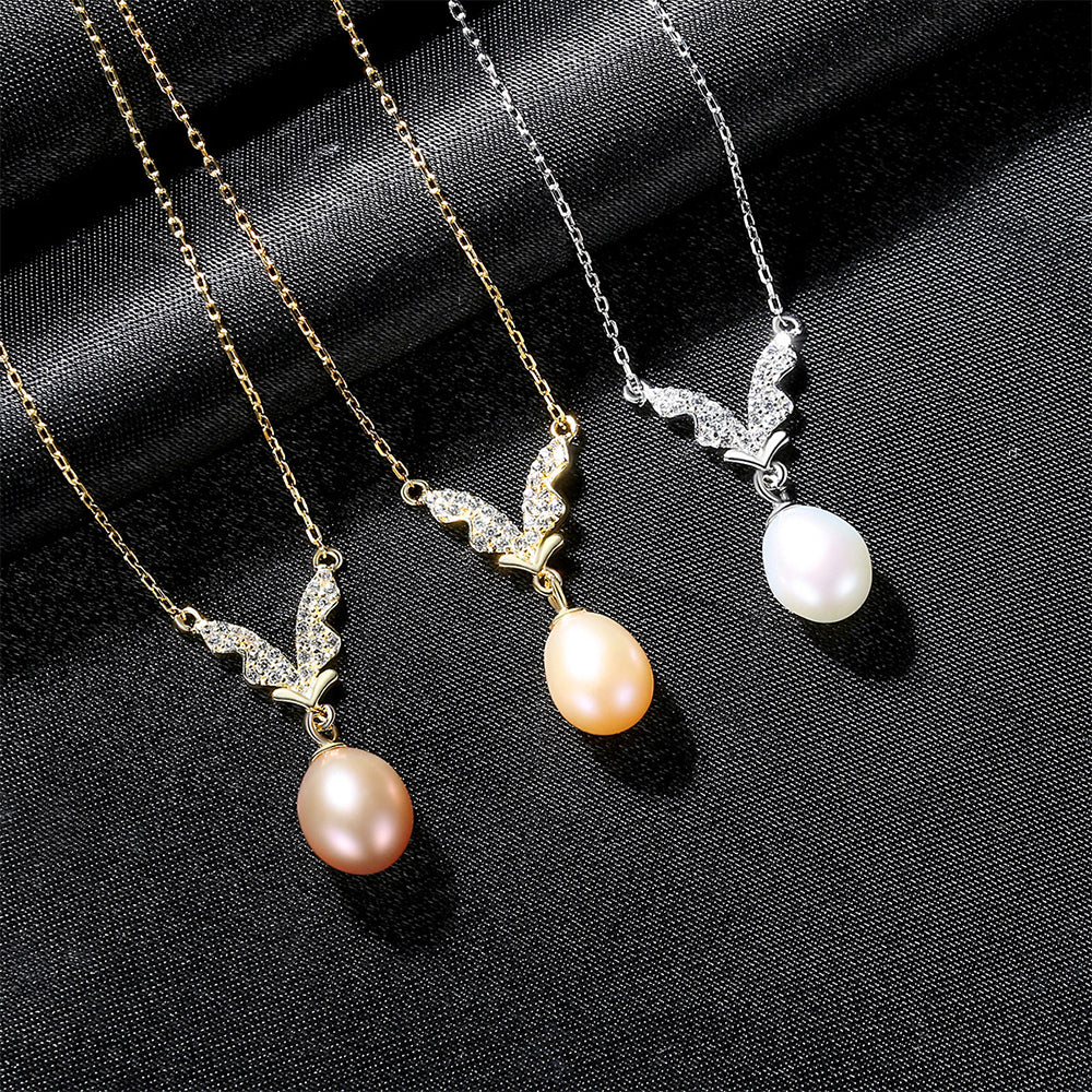 925 Sterling Silver Natural Pearl Drop Necklace Fashion Jewelry Gift for Women Girls