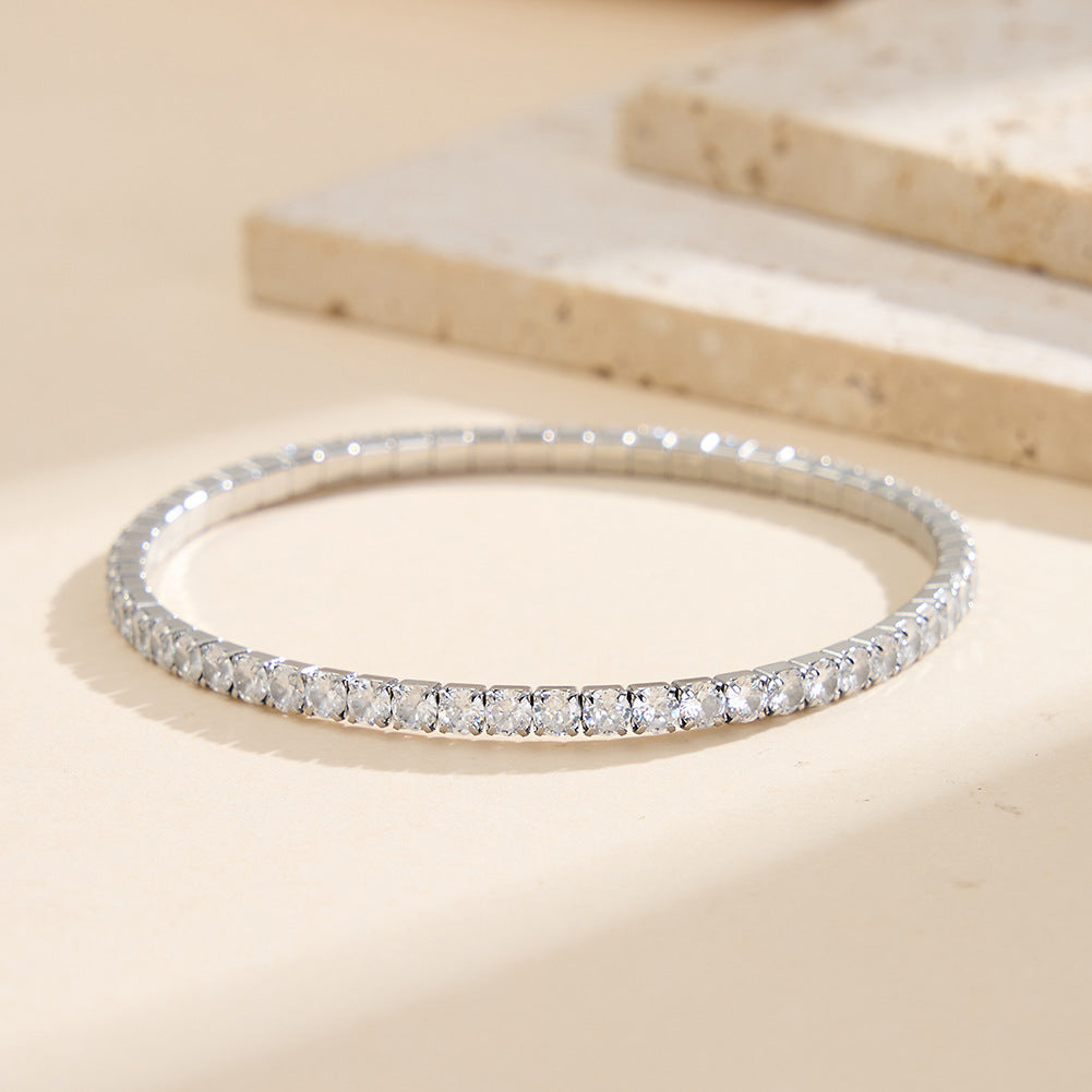Silver Stainless Steel Stretch Tennis Bracelet, Flexible Elastic Band Fully Paved Cubic Zirconia, No Clasp