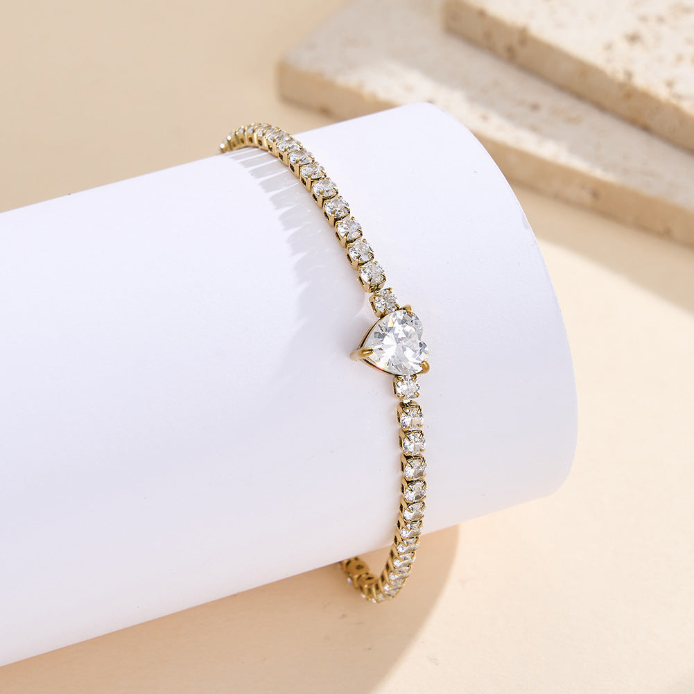 Gold Plated Stainless Steel Heart CZ Tennis Bracelet, Paved Cubic Zirconia Heart Center Stone, Adjustable Extension