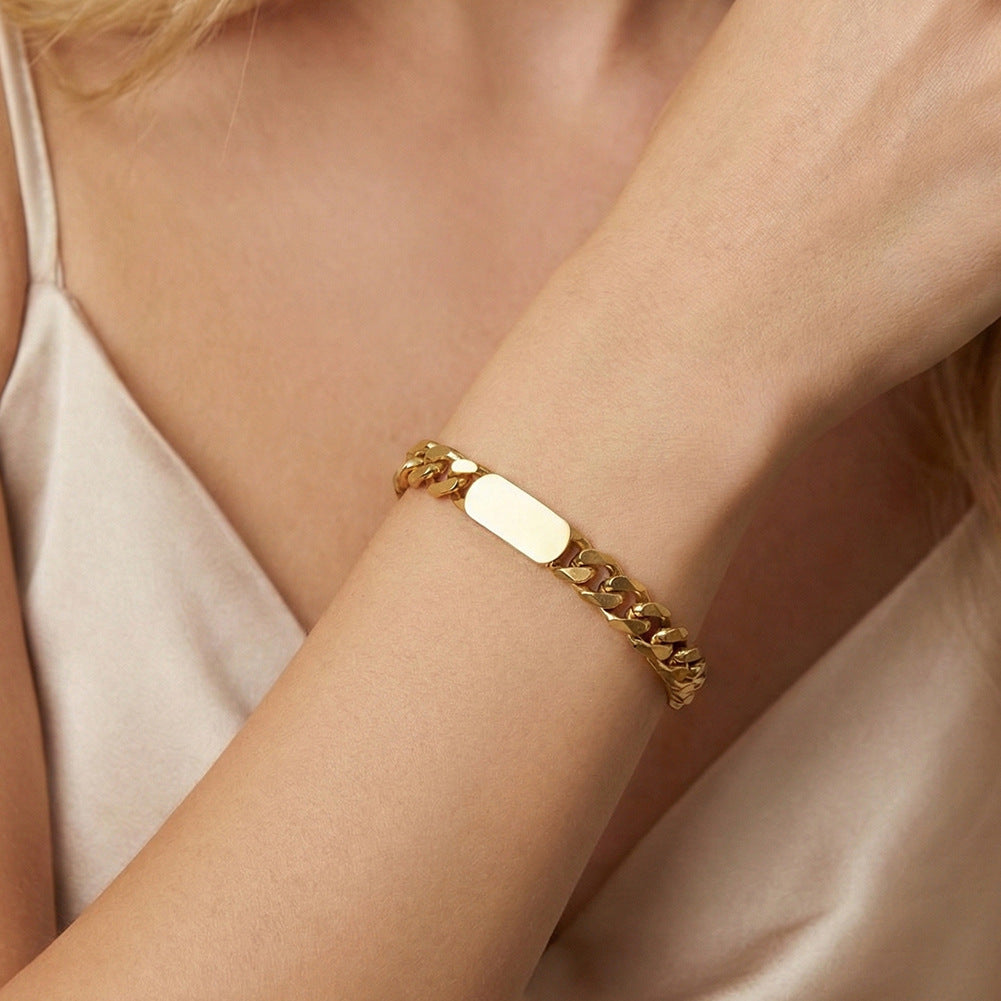 Gold Plated Stainless Steel Chunky Curb Chain Bracelet, Blank Rectangular Engravable Tag, Adjustable Extension
