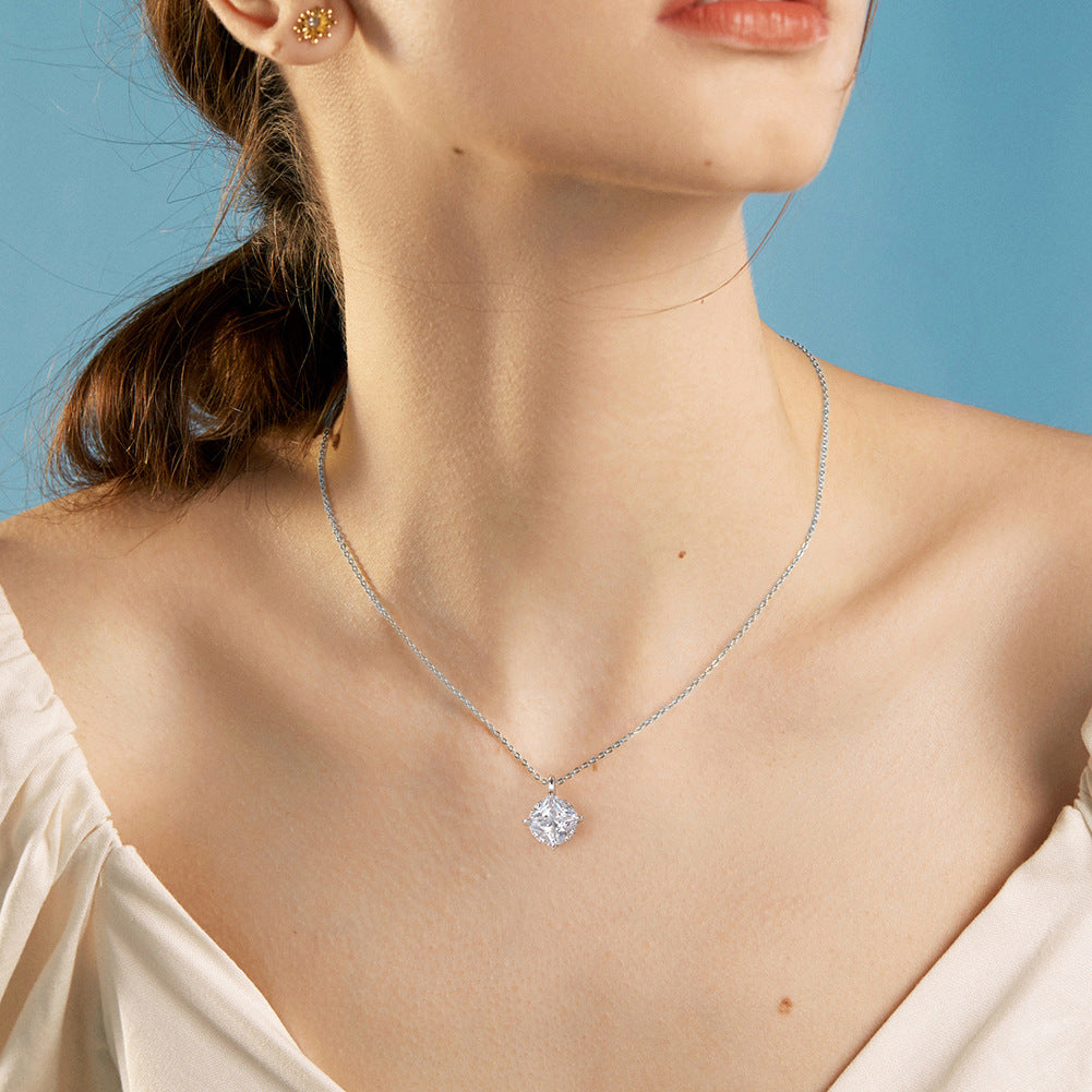 Silver Stainless Steel Princess Square Cut CZ Pendant Necklace, Four Prong Setting Clear Square Cubic Zirconia Pendant