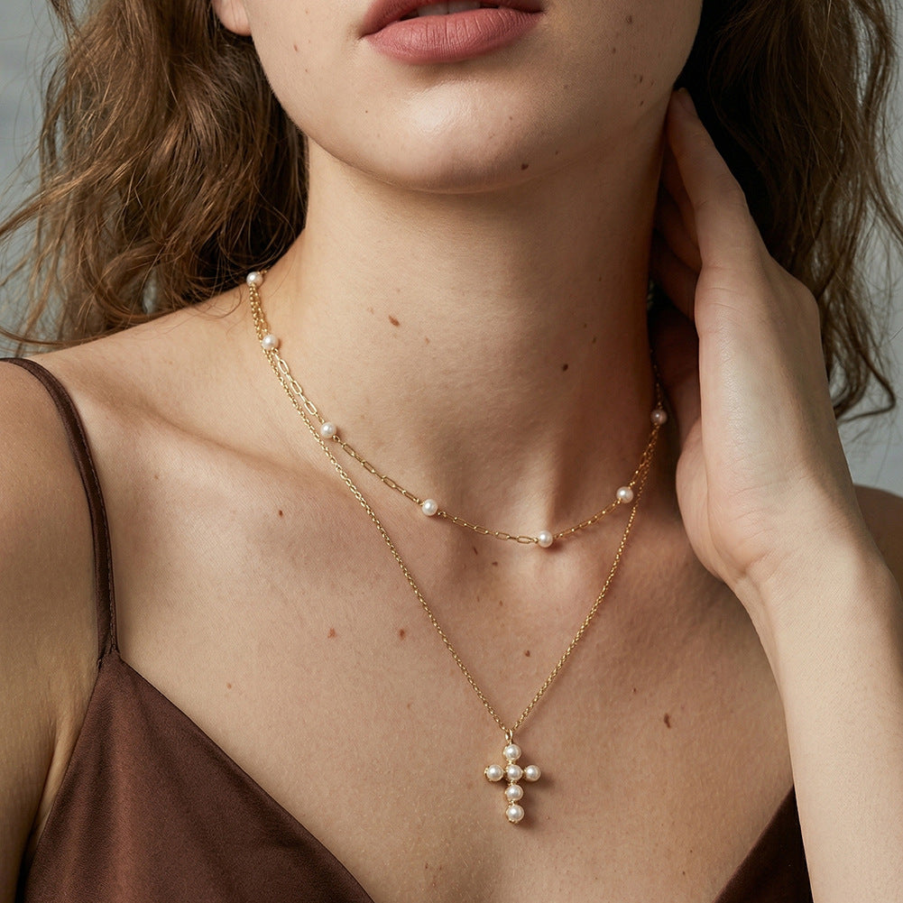 Cross Shape Freshwater Pearl Necklace, 6pcs Round Luminous Cultured Pearls Silver Cross Pendant
