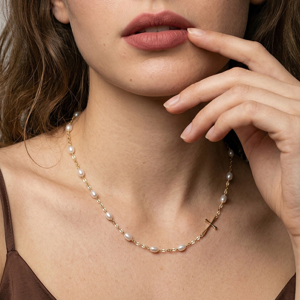 Silver Stainless Steel Rice Pearl Station Necklace, Oval Freshwater Style Pearls With Slim Simple Cross Pendant Adjustable Chain