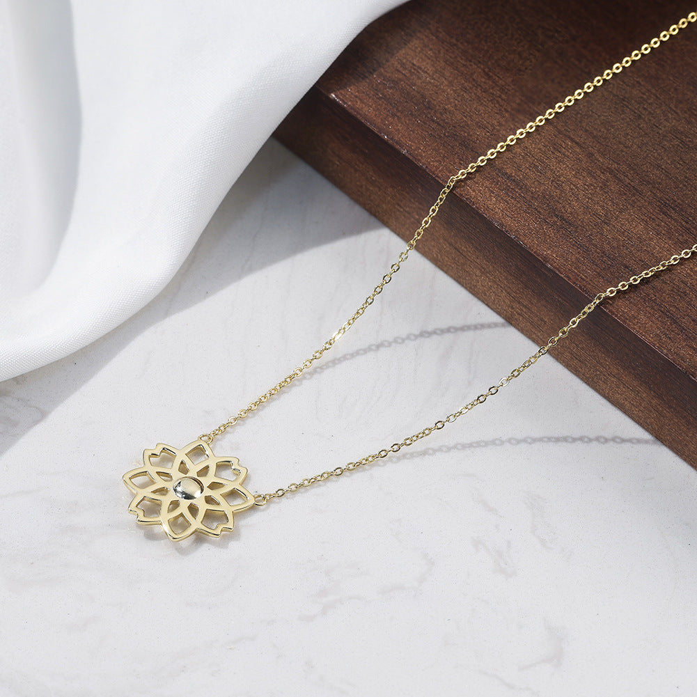 Stainless Steel Hollow Mandala Flower Necklace, Gold Plated Openwork Floral Pendant Necklace, Delicate Cutout Bloom Choker for Women