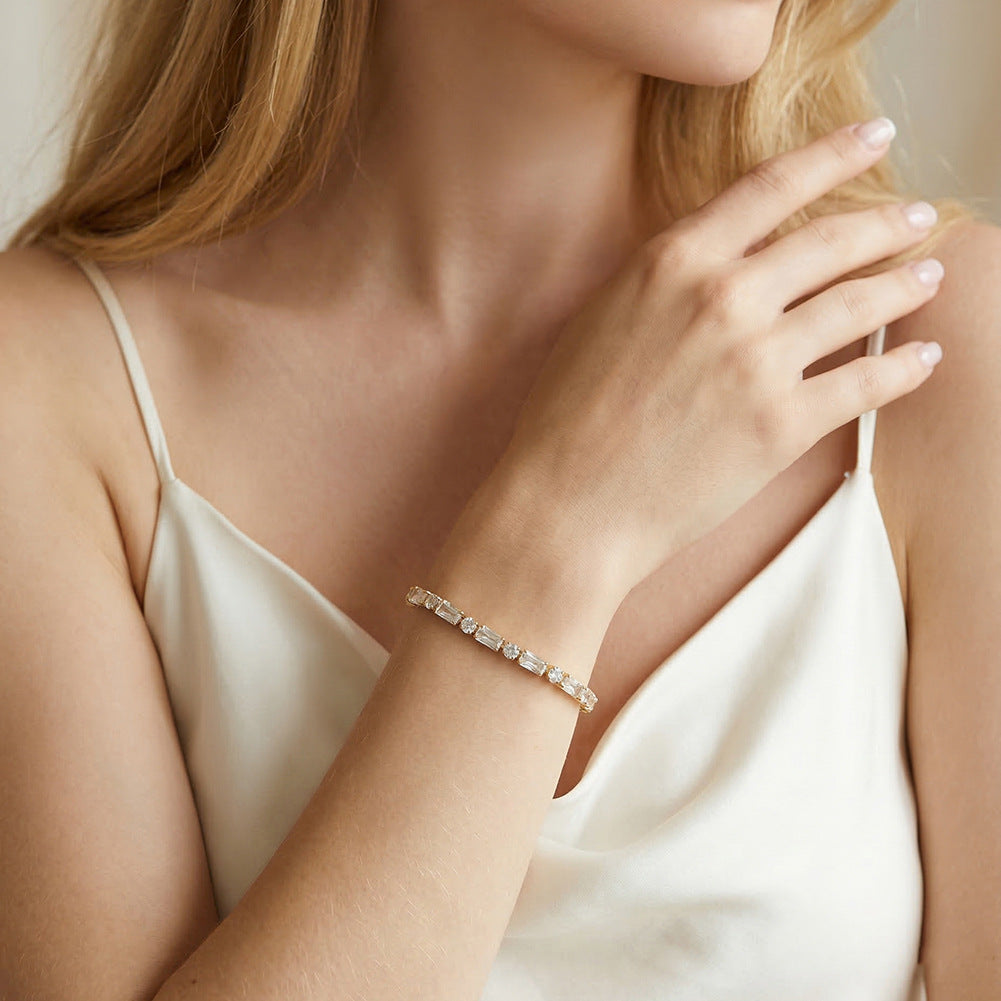 Gold Plated Stainless Steel Emerald Cut CZ Link Bracelet, Rectangle Baguette Cut Zirconia Stone Setting