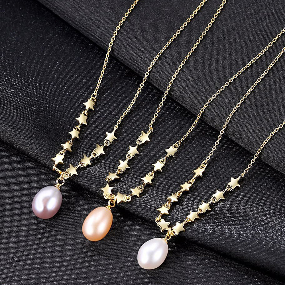 925 Sterling Silver Natural Pearl Drop Necklace Fashion Jewelry Gift for Women Girls