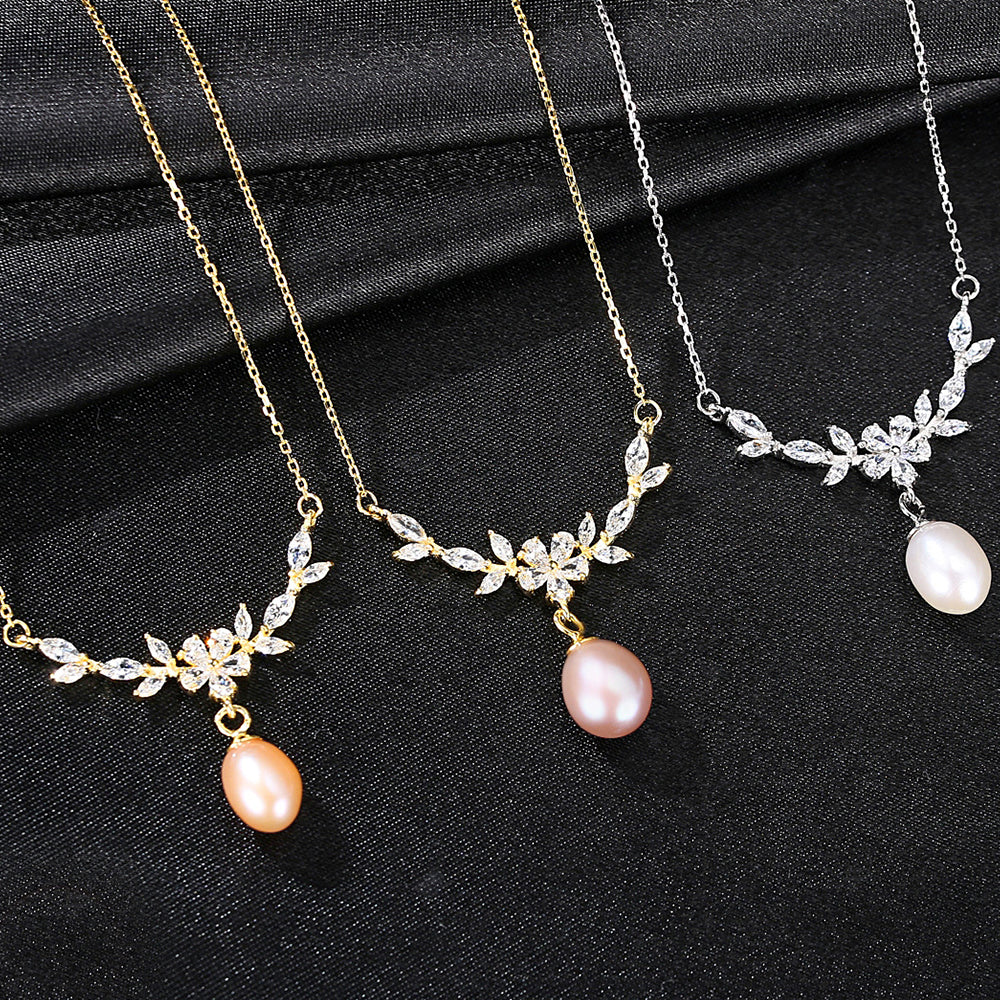 925 Sterling Silver Natural Pearl Drop Necklace Fashion Jewelry Gift for Women Girls