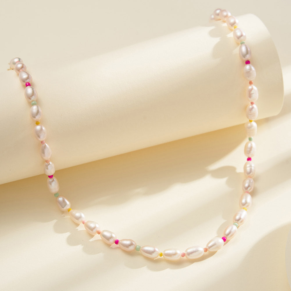 Stainless Steel Colorful Beaded Baroque Pearl Necklace, White Rice Pearl Mixed Multicolour Tiny Seed Bead Chain