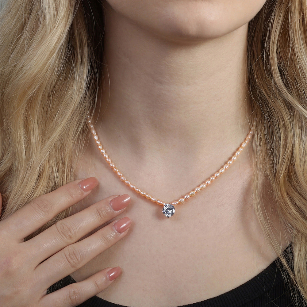 Champagne Rice Freshwater Pearl Choker Necklace, Lustrous Pale Peach Mini Pearls with Solitaire Cubic Zirconia Rose Gold Chain