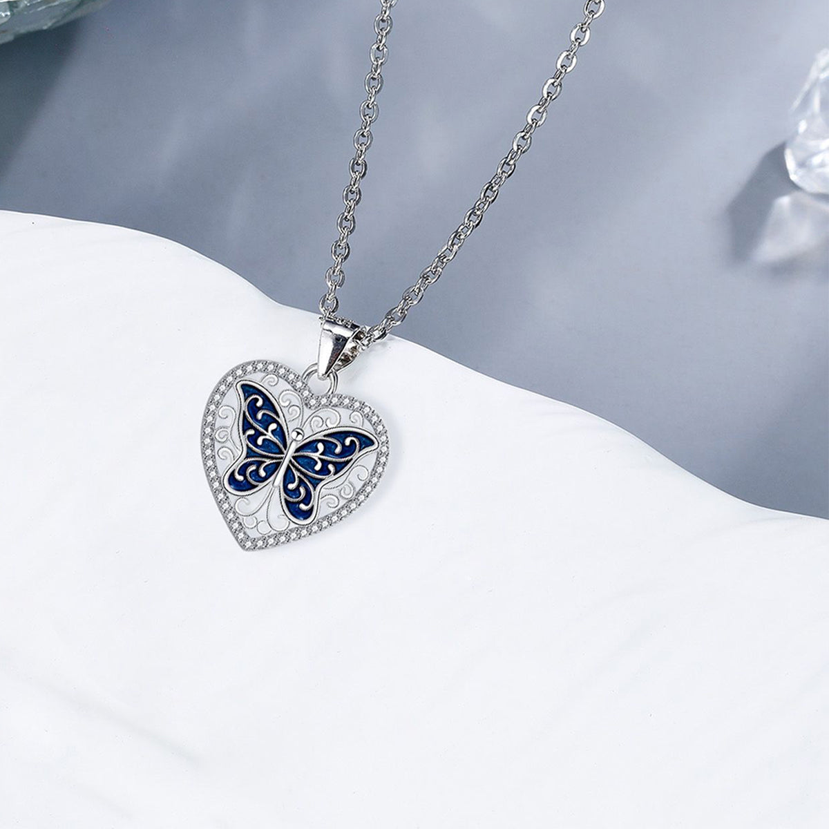 Copper With Silver Plated Heart Butterfly Pendant Necklace