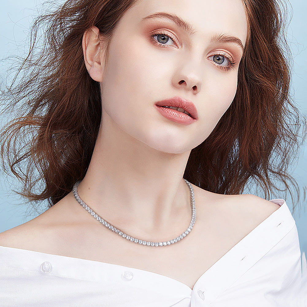 Silver Stainless Steel CZ Tennis Necklace, Round Cut Cubic Zirconia Full Stone Tennis Chain