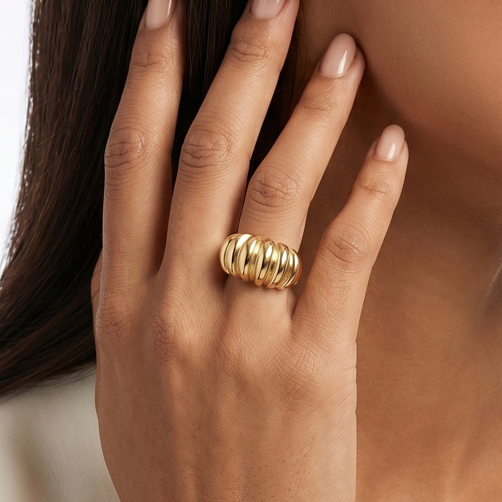 Gold Plated Stainless Steel Statement Ring, Chunky Ribbed Shell Texture Open Band