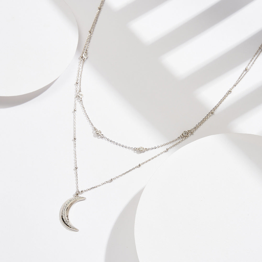 Gold Stainless Steel Double Layer Moon Pendant Necklace, Bezel Round CZ Station Chain, Pave CZ Crescent Moon Charm