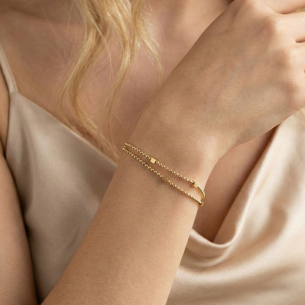 Gold Plated Stainless Steel Double Strand Ball Chain Bracelet, Decorated with Small Square Cube Beads, Adjustable Extension Chain