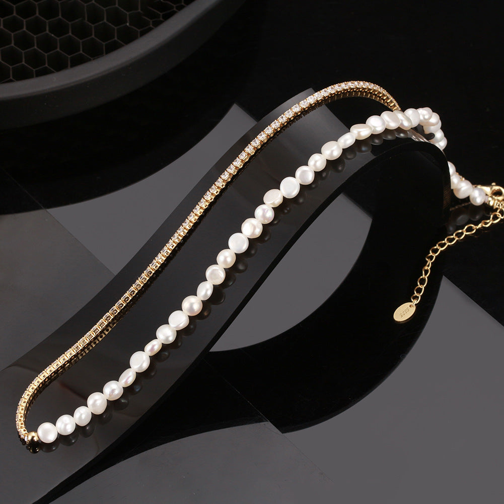 Half Pearl Half Tennis Chain Gold Necklace, Lustrous Irregular Freshwater Pearl Choker with Cubic Zirconia Tennis Chain & Extender