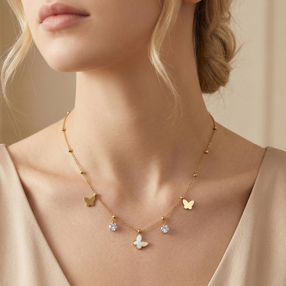 Gold Stainless Steel Butterfly Station Necklace, Solid Butterfly Charms, White Shell Inlay Butterfly Pendant with Clear CZ Drops