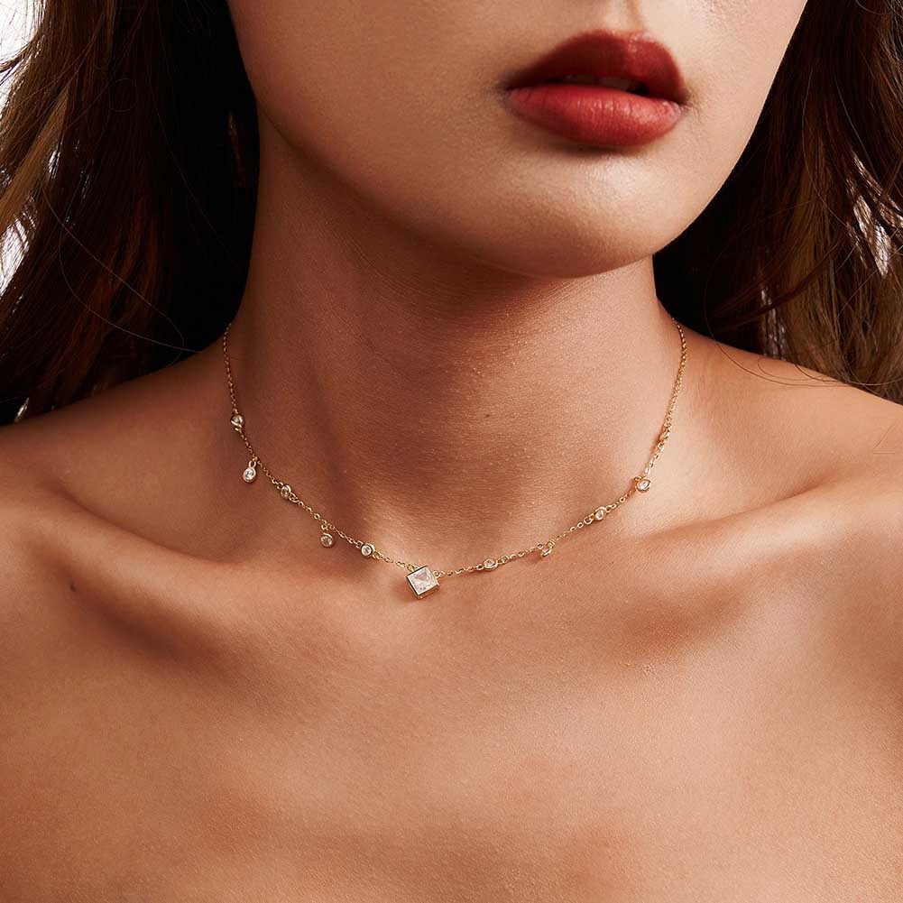Gold Stainless Steel Multi CZ Station Necklace, Square & Round Bezel Cubic Zirconia Dangling Chain