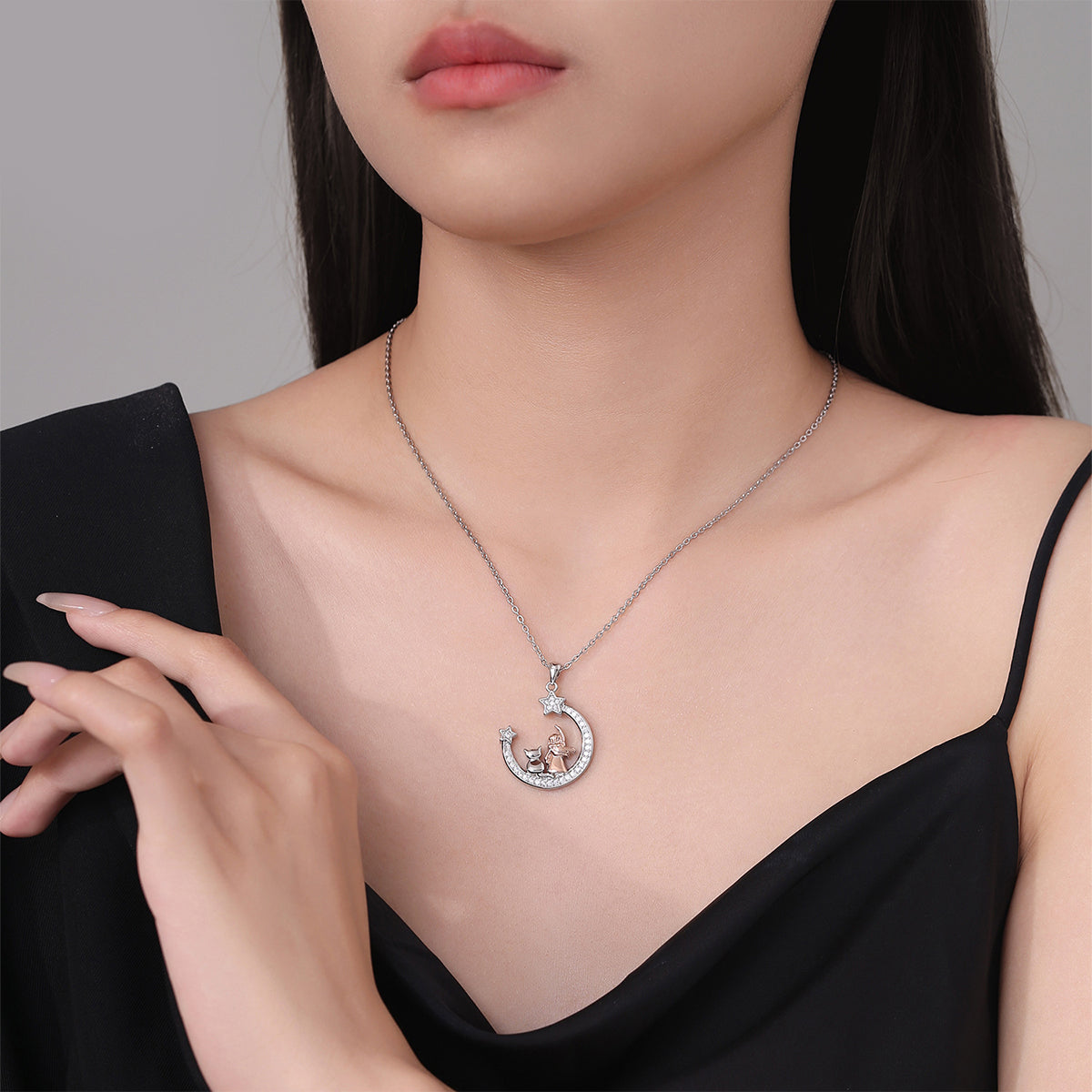Copper With Silver/Rosegold Plated Cat and Girl Stars Pendant Necklace