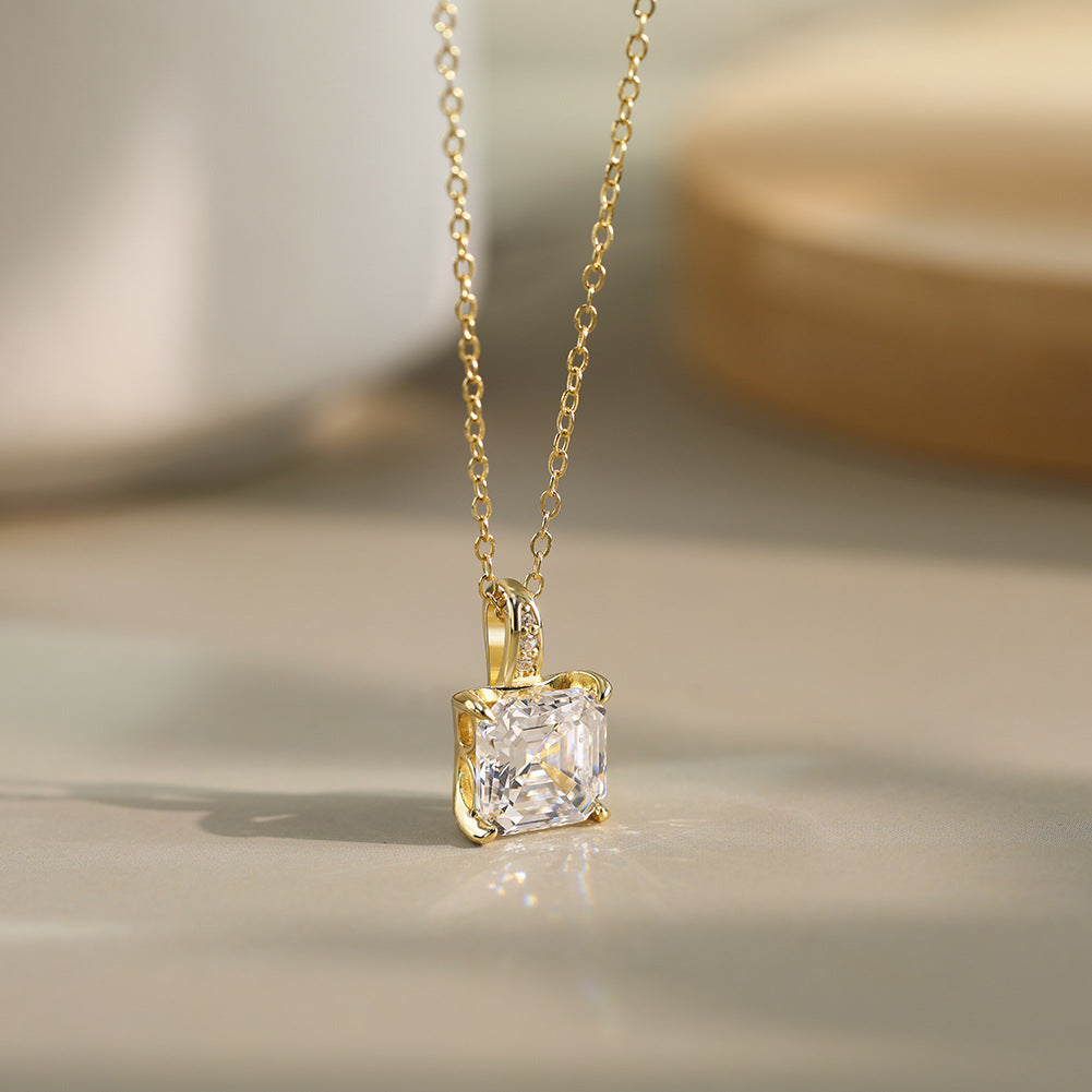 Gold Stainless Steel Square Emerald Cut CZ Pendant Necklace, 4 Prong Asscher Cut Zircon with Small Side Stones