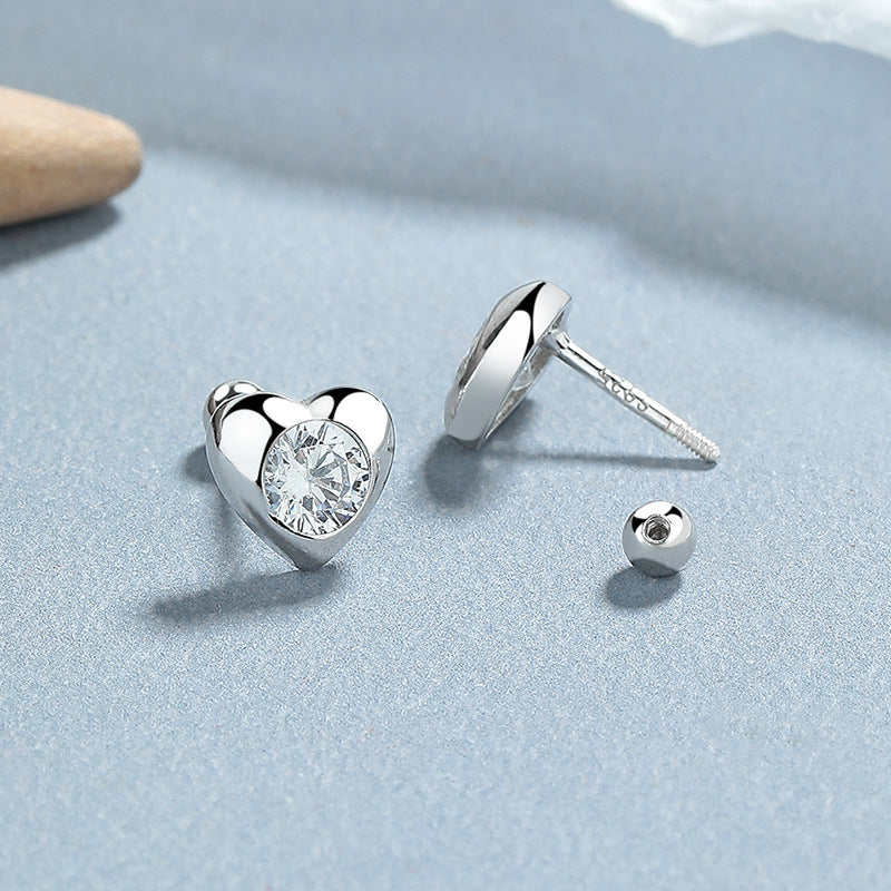 925 Sterling Silver Heart Screw Back Stud Earrings