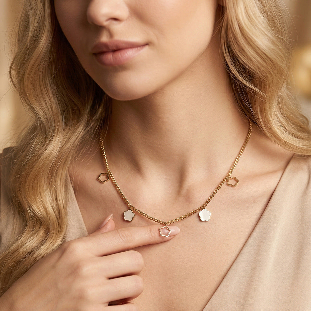 Gold Stainless Steel Clover Cuban Choker, Hollow Clover Outline & White Shell Inlaid Clover Dangling Charms, Cuban Link Chain