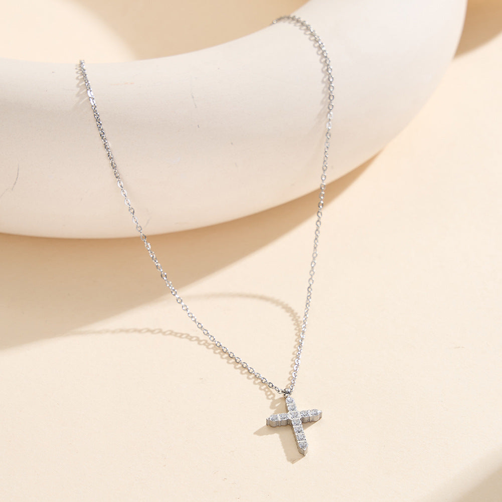 Gold Stainless Steel Vintage Paved CZ Cross Pendant Necklace, Ornate Round Cubic Zirconia Cross Charm Necklace