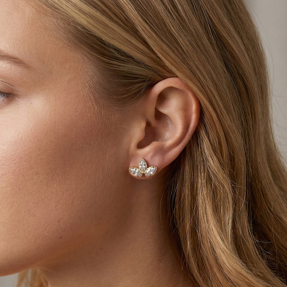 Gold Plated Stainless Steel Marquise CZ Three-Leaf Stud Earrings