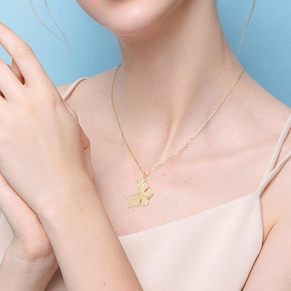 Gold Stainless Steel Textured Butterfly Pendant Necklace, Paved Clear CZ Wing Detail Cable Chain Necklace