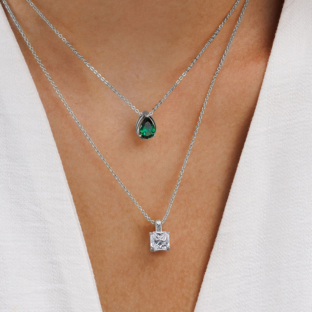 Silver Stainless Steel Princess Cut CZ Pendant Necklace, Large Square Cubic Zirconia Solitaire Charm on Rolo Cable Chain