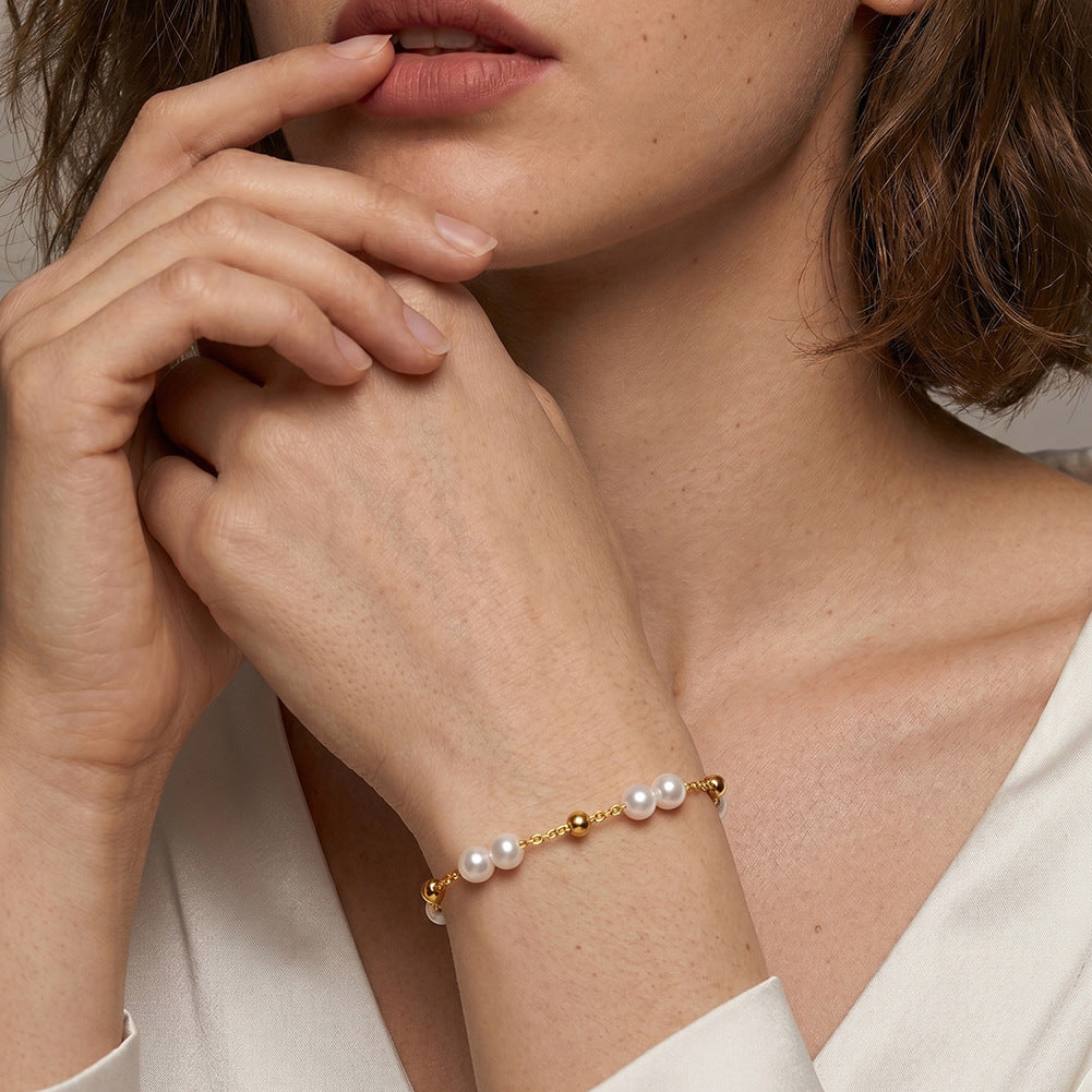 14K Gold Plated Dainty Cable Chain Bracelet, Lustrous White Freshwater Pearl Paired Beads with Gold Spacers, Heart Charm Adjustable Extension Chain