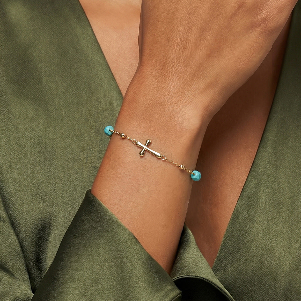 MPB23S925 Gold Plated Cross Pearl Bracelet, Oval Lustrous Freshwater Pearls, Faceted Turquoise Beads and Polished Cross Charm, Adjustable Extension Chain