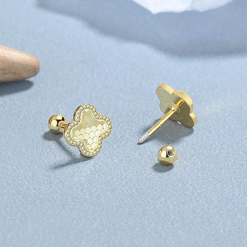 925 Sterling Silver Four Clover Leaf Screw Back Stud Earrings