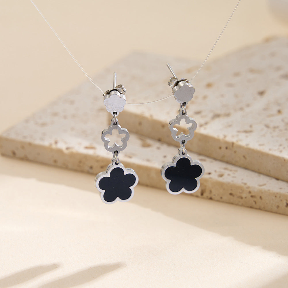 Gold Plated Stainless Steel Triple Clover Drop Earrings with Black Enamel Inlay