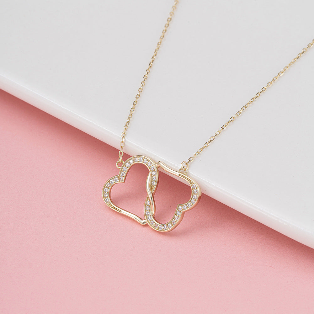 Silver Stainless Steel Interlocking Double Heart Necklace, Paved CZ Hollow Linked Heart Paperclip Chain Necklace