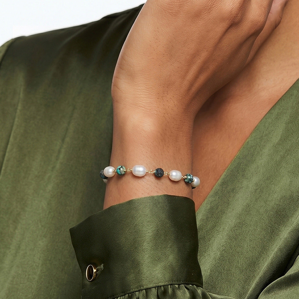S925 Gold Plated Beaded Bracelet, Oval Lustrous Freshwater Pearls Mixed with African Turquoise Round Beads, Wire Wrapped Design, Adjustable Extension Chain