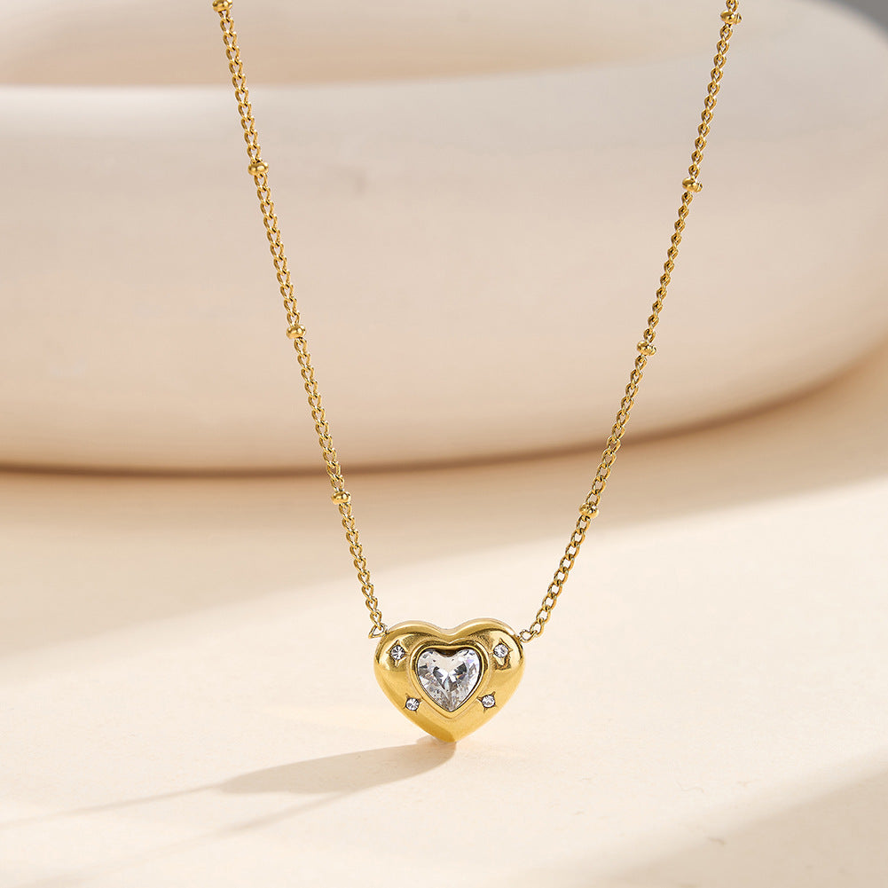 Gold Stainless Steel Heart CZ Pendant Necklace, Large Heart Cut Cubic Zirconia with 4 Small Accent CZ Stones, Adjustable Rolo Chain