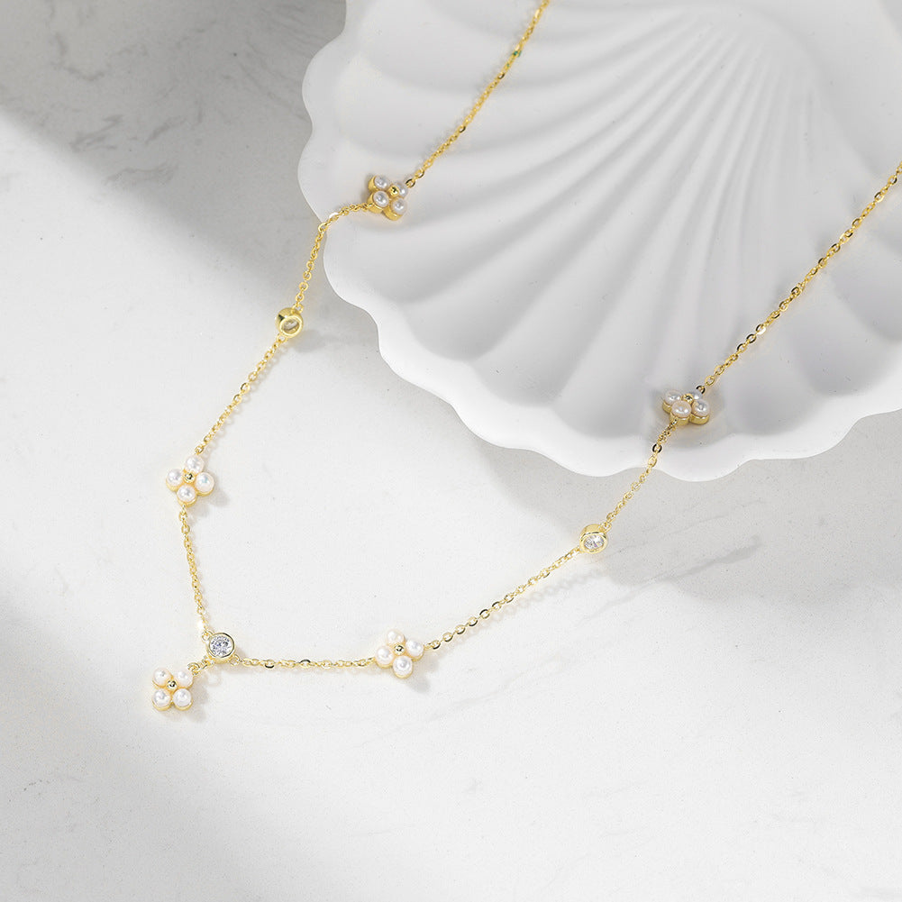 Flower Cluster Freshwater Pearl Station Necklace, Tiny Lustrous White Pearl Flower Accents with Cubic Zirconia S925 Silver Chain