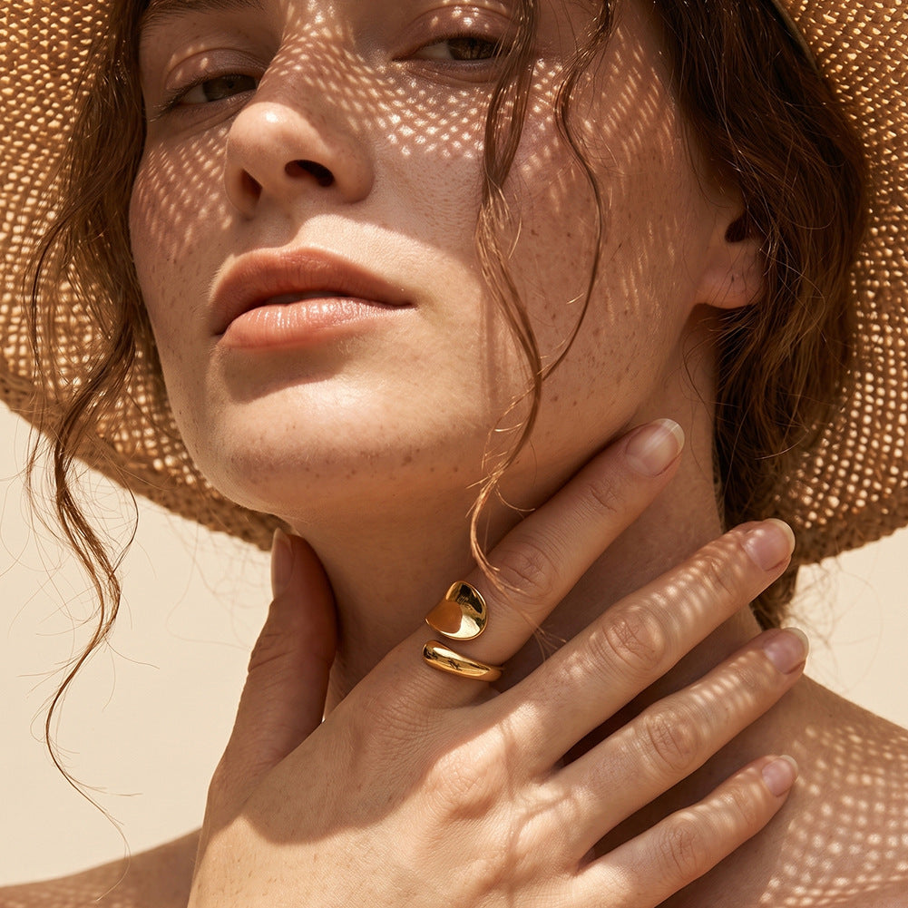 Gold Plated Stainless Steel Asymmetrical Open Cuff Ring, Smooth Curved Sculpted Surface