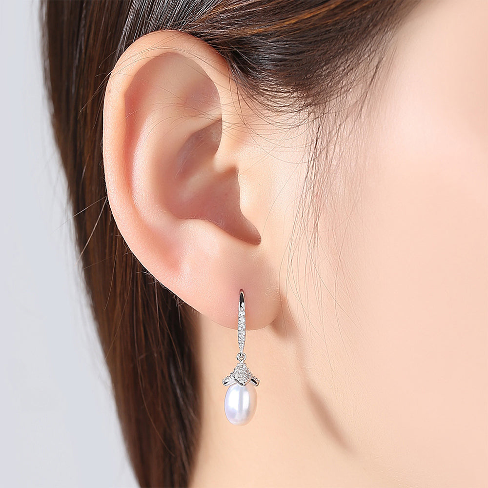 925 Sterling Silver Natural Pearl Drop Earrings Fashion Jewelry Gift for Women Girls