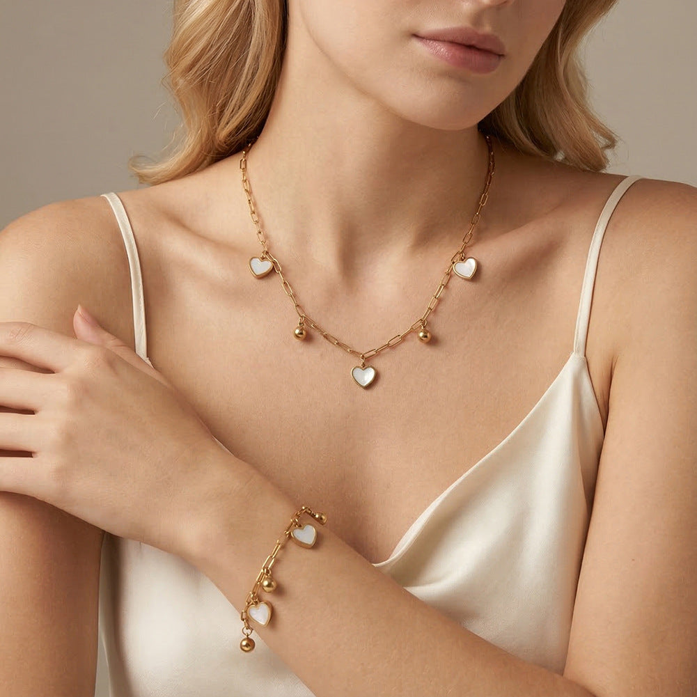 Gold Stainless Steel Paperclip Heart Necklace, White Mother of Pearl Inlaid Heart Charms and Gold Round Bead Drops